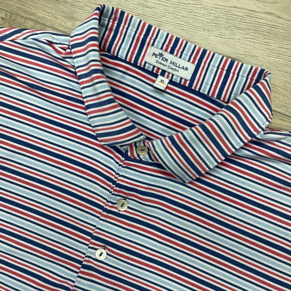 Peter Millar Polo Shirt Mens XL Blue Red Striped Short Sleeve MS22EK27S
